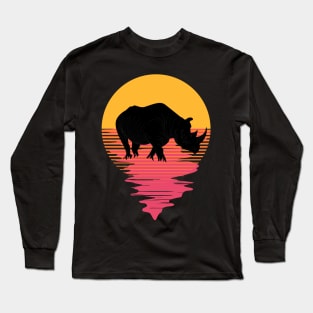 Retro Rhino On A 80's Sun Background Long Sleeve T-Shirt